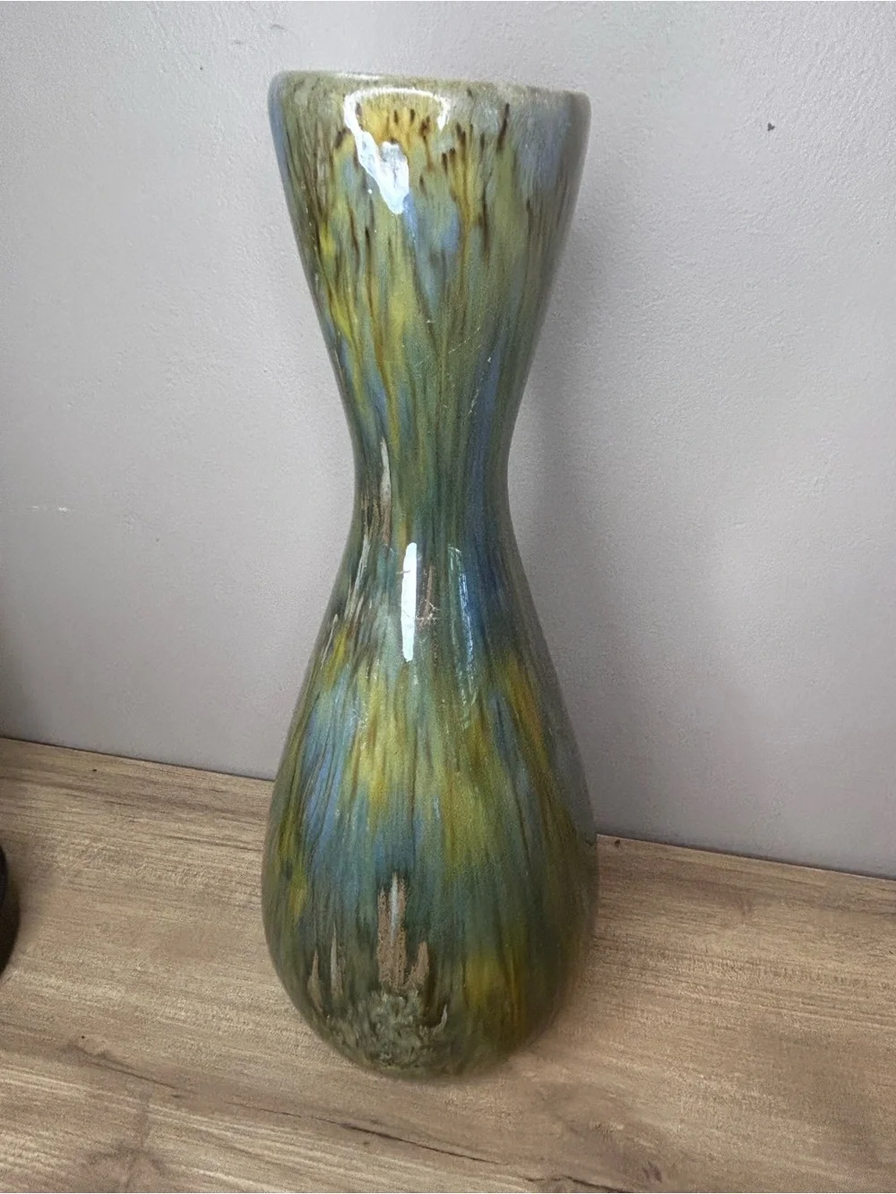 Vintage Green and Yellow Drip-Glaze Hourglass Vase